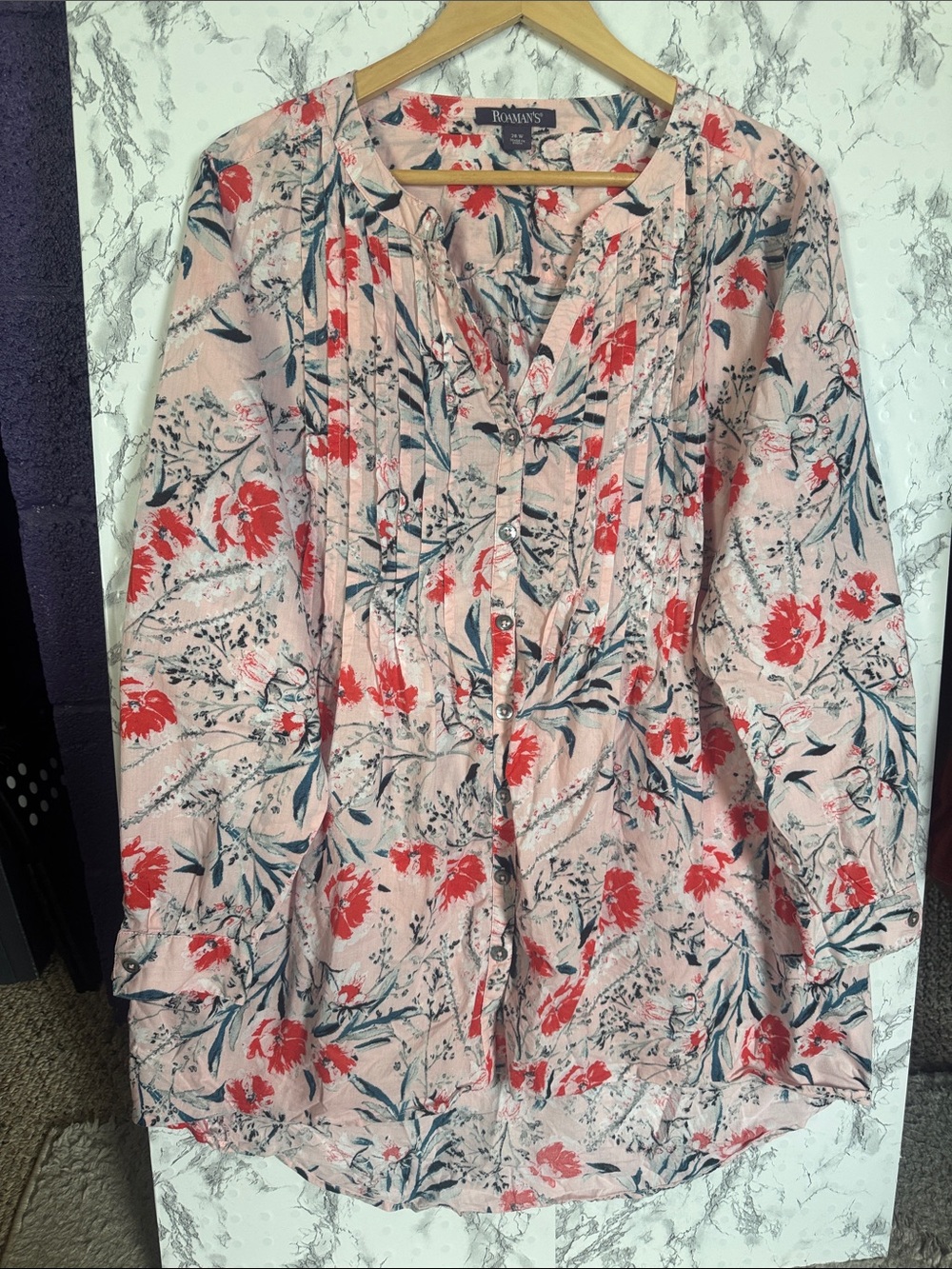 Roaman's Button-Up Blouse Pink Floral Size 20W